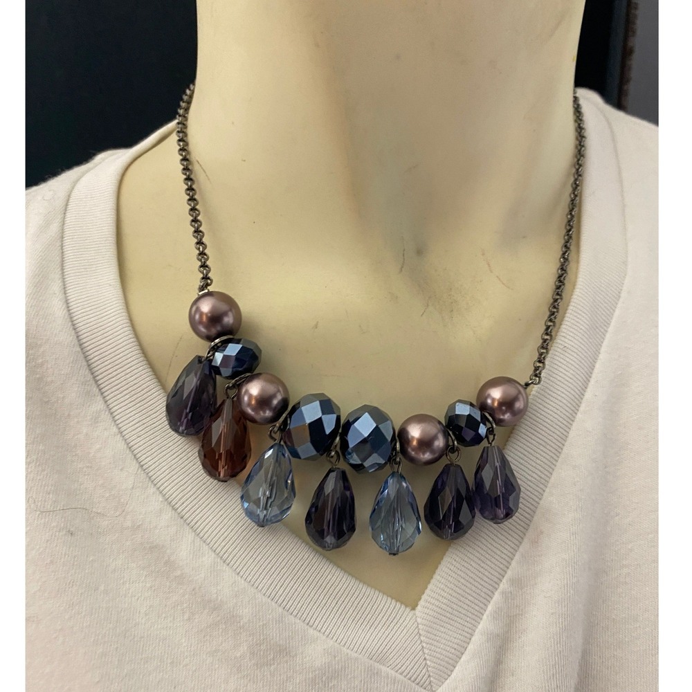 Gunmetal Chain Necklace Faceted Glass Teardrop Beads Purple Blue Statement Bib